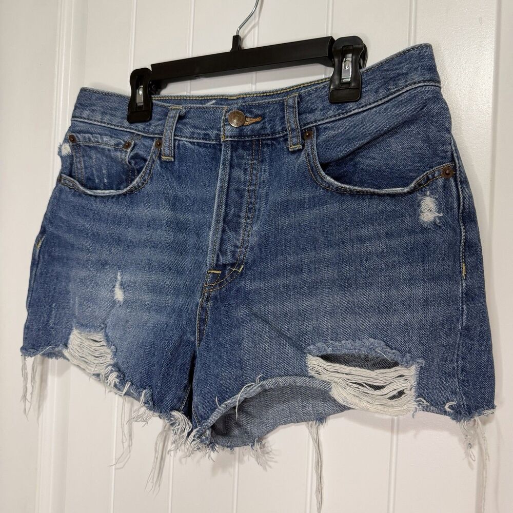 We The Free People Denim Shorts Women’s 28 Blue Distressed Mid Rise Button Fly